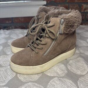 J/Slides NYC Sarah Faux Shearling Suede Hidden Wedge Heel Booties Sneakers Sz 7